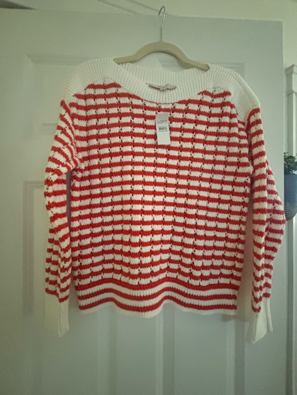 LOFT Tomato Red & White Striped Knit Sweater - Women's